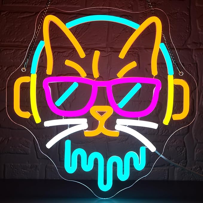 DJ Cat Neon Sign for Wall Decor Dimmable DJ Cat Neon Light for Man Cave Music Birthday Gifts for Lovers LED Rock Sign for Music Room Record Studio Bedroom Bar Party 11.9 * 11.8In (WZCP177)