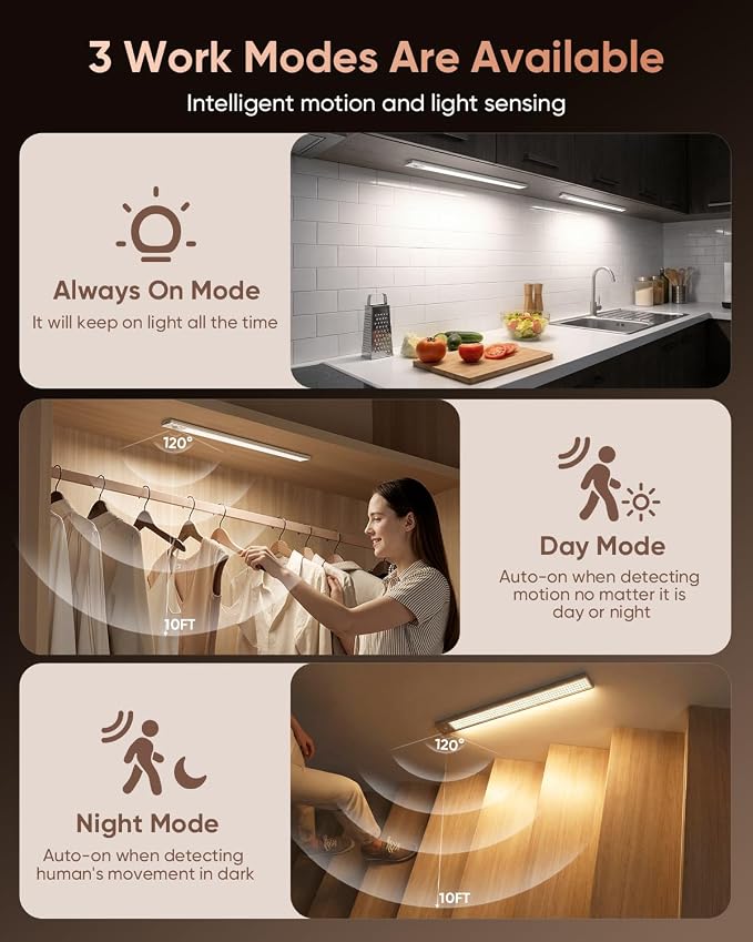 16inch Under Cabinet Lighting Wireless 3 Pack 4500mAh Motion Sensor Light | 600LM Bright Under Counter Closet Lights for Kitchen, Stairs Rechargeable Battery Operated Stick On Dimmable, Magnetic