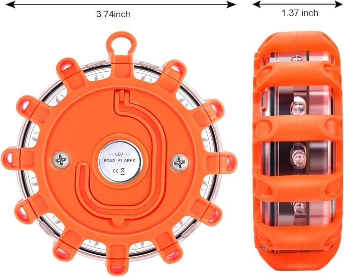 AK [4 Pack LED Road Flares Safety Flashing Warning Light Roadside Emergency Disc Beacon Kit for Vehicles Boats with Magnetic Base & Hook, Premium Storage Bag (Batteries Not Included) (4)
