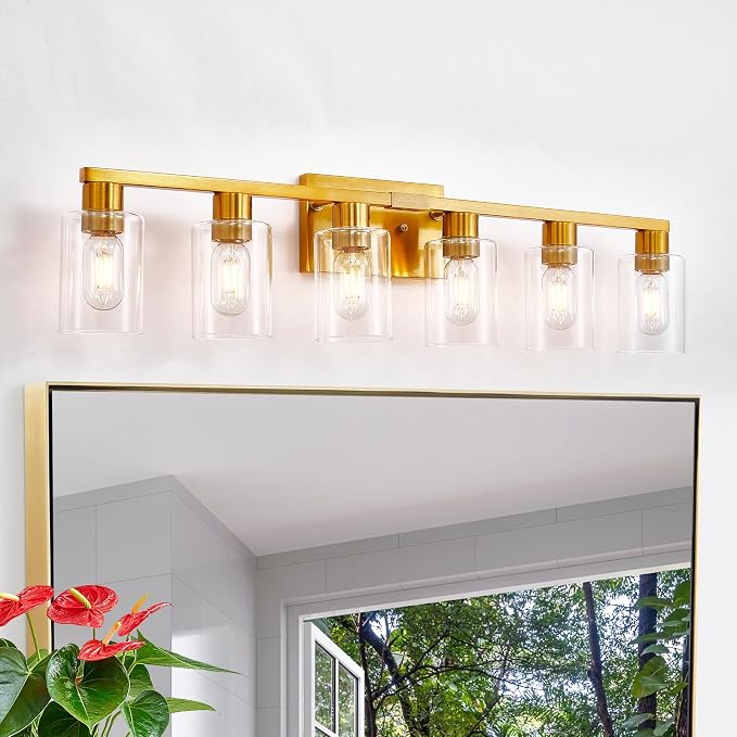 Gold 6 Light Bathroom Vanity Light Brush Gold Bathroom Light Fixtures Brass Vanity Lights for Bathrrom Large Wall Sconce with Clear Glass Shade E26 Socket