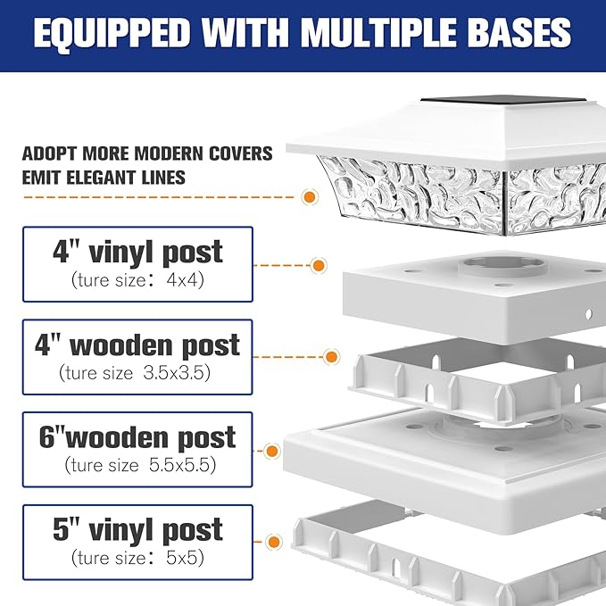 VOLISUN Solar Post Cap Lights, 2 Modes Outdoor Fence Lights (6 Pack, White) | Fits 4x4/6x6 wooden & vinyl posts, warm white, waterproof durable ABS shell lens for patio, garden, backyard fence decoration