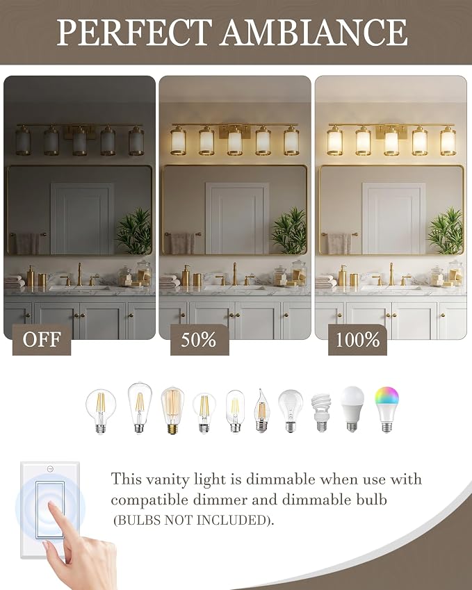 5-Light Brushed Gold Bathroom Light Fixtures Over Mirror with Frosted Milk Glass and Metal Cage Shade, 38" UL-Listed Modern Farmhouse Wall Sconce for Bath, Hardwire E26, OS-3014BGW-5W