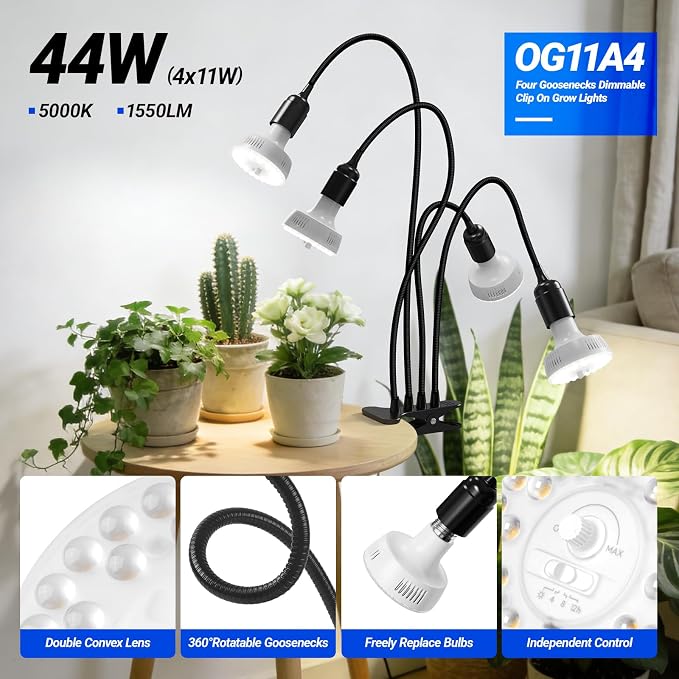 Barrina Orbgrow OG11A4 Clip On Grow Light for Indoor Plants, 5000K 44W | Integrated Stepless Dimming & Timing, Full Spectrum, High PPFD, 4 Goosenecks with E26 Plant Light Bulbs