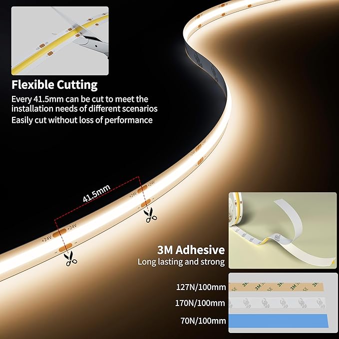 PAUTIX COB LED Strip Light 3087LEDs 20ft/6.1m Natural White 4000K,CRI90+ Super Bright High Lumen,Lead-Free Material 24V Flexible LED Tape,for Home&Office DIY Lighting Project(Adapter Not Included)