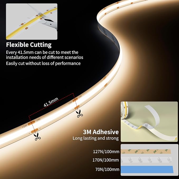 PAUTIX COB LED Strip Light 32.8ft/10m 5040LEDs Natural White 4000K,High Lumen Flexible CRI93+ LED Tape Super Bright DC24V,for Cabinet Home DIY Lighting Projects(Adapter & Controller Not Included)