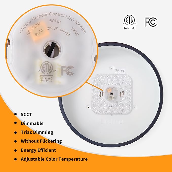 Flush Mount Ceiling Light Fixtures Black LED Dimmable 5CCT 15 Inch 36W | 2700K, 3000K, 3500K, 4000K, 5000K, with Remote Control,Iron, IP40, For Bedroom, Kitchen, Entryway, Closet & Hallway, ETL