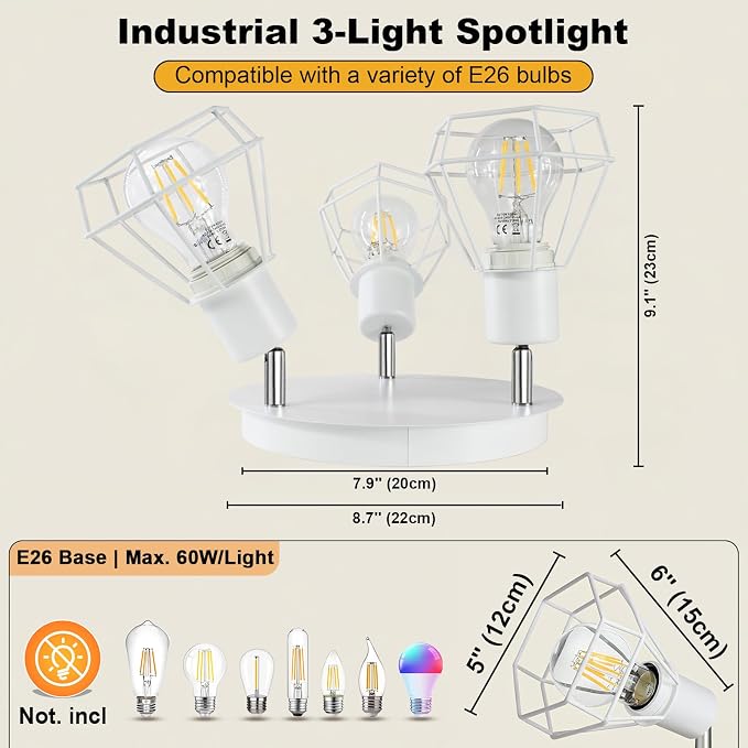 HiBay 3-Light Ceiling Track Lighting Fxiture White, Modern Spotlight, E26 | Rotatable 3 heads with farmhouse metal cage shade for kitchen bedroom dining room, bulb not included