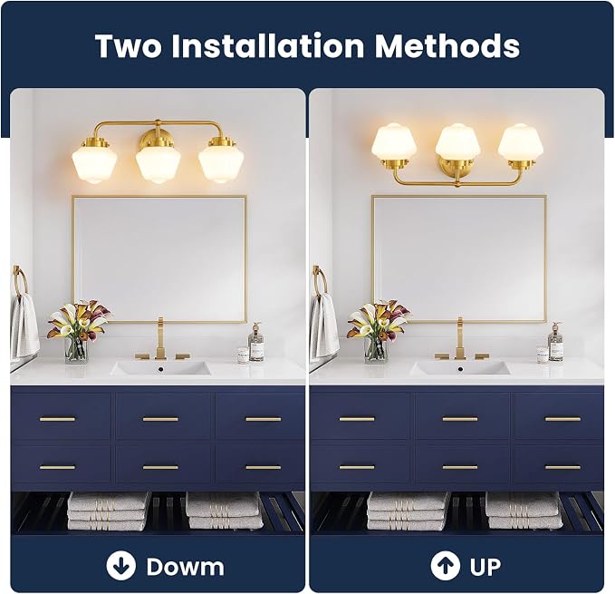 RUIYEY Bathroom Vanity Light Fixtures: 3-Lights Gold Vanity Lights Over Mirror, 17 Inch E26 60W Modern Bathroom Lighting Fixture with Milky White Glass for Bath Restroom