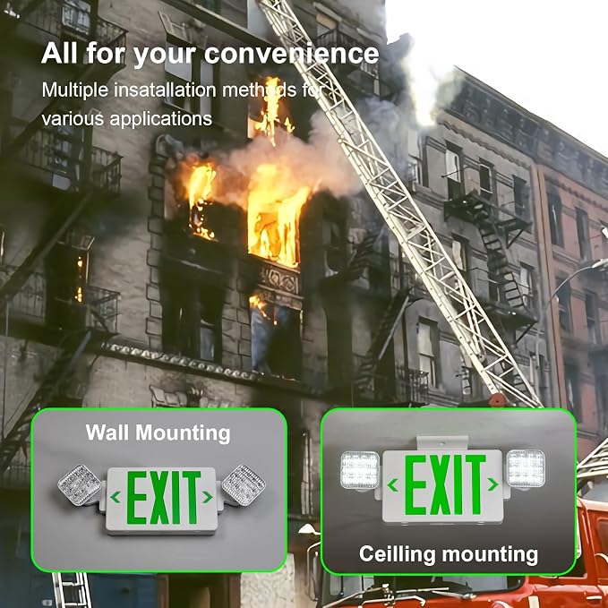 Green LED Exit Sign Emergency Light Combo, UL Listed Battery Backup | UL-listed commercial fire exit sign features 90-min battery backup, 360° rotating dual heads, and easy dual-mount setup.