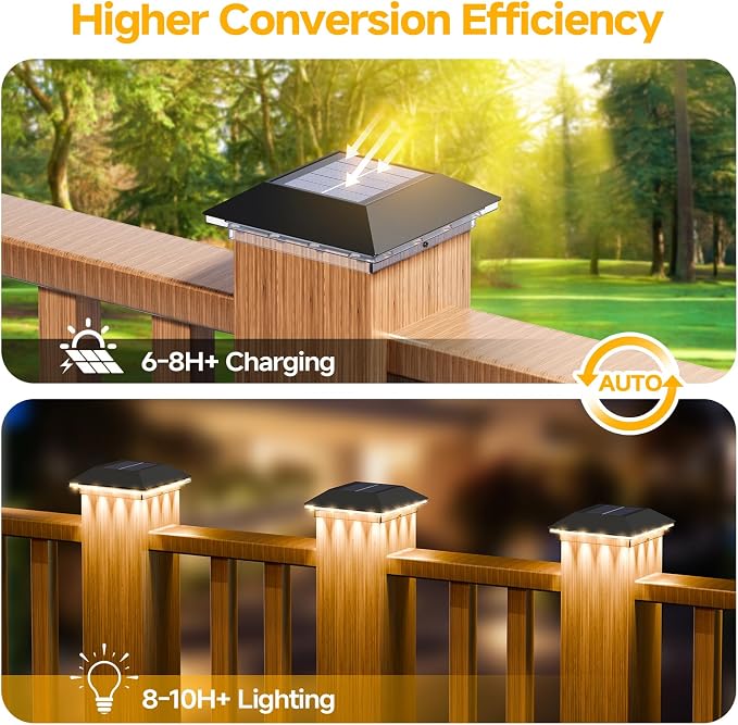 4 Pack 4x4 Solar Post Light, 3 Modes Wooden Vinyl Fence Cap, Black | 3 color temperatures, Waterproof LED Solar Post Lights, Patio Porch Decor, Only Fit Two True Size Post: 3.5''x3.5'', 4''x4''