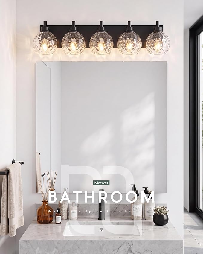 5-Light Black Bathroom Vanity Light, Hammered Glass Globe Shade | 32 Inch matte black modern bathroom light fixture over mirror, UL listed, E26 bulbs, hardwired, upward only, VL200-MB-CL-5
