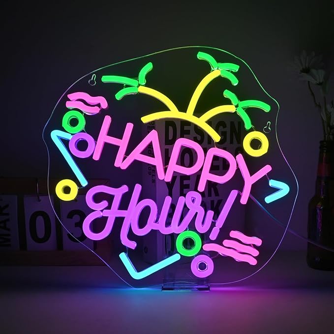 Happy Hour Neon Sign LED Neon Light Bar Wall Decor Home Bar | Drink Theme Light Up Sign for Pubs, Game Rooms & Man Caves, USB Powered LED Wall Decor, Adjustable Brightness