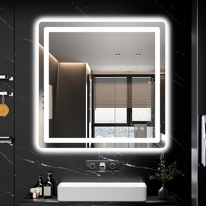 LED Bathroom Vanity Mirror with Lights, 30"x30" Lighted Wall Mirror | Front and Backlit, Anti Fog, Dimmable 3 Color Lighting, Memory Function, Shatterproof Glass, Plug in or Hardwired