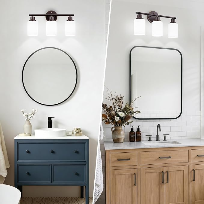 3-Light Bathroom Light Fixtures, Oil-Rubbed Bronze Gold Vanity Lights for Mirror with Textured Milky White Glass Shade, Modern Kitchen Light Fixtures Wall Sconce Light - E26