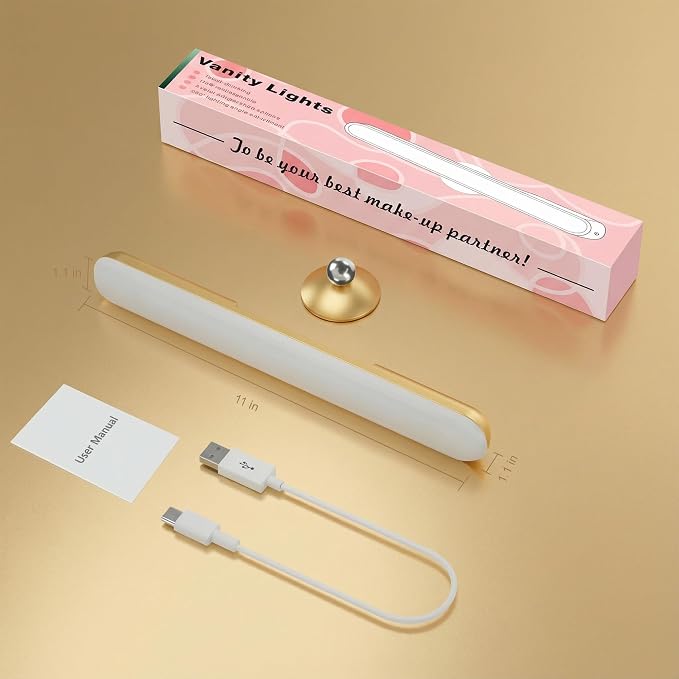 Benreom Wireless Vanity Light for Mirror, Rechargeable LED Bar, Gold | Adjustable Color, Brightness and Angle with Magnetic Stick-On Design for Makeup Mirrors and Renter-Friendly Decor