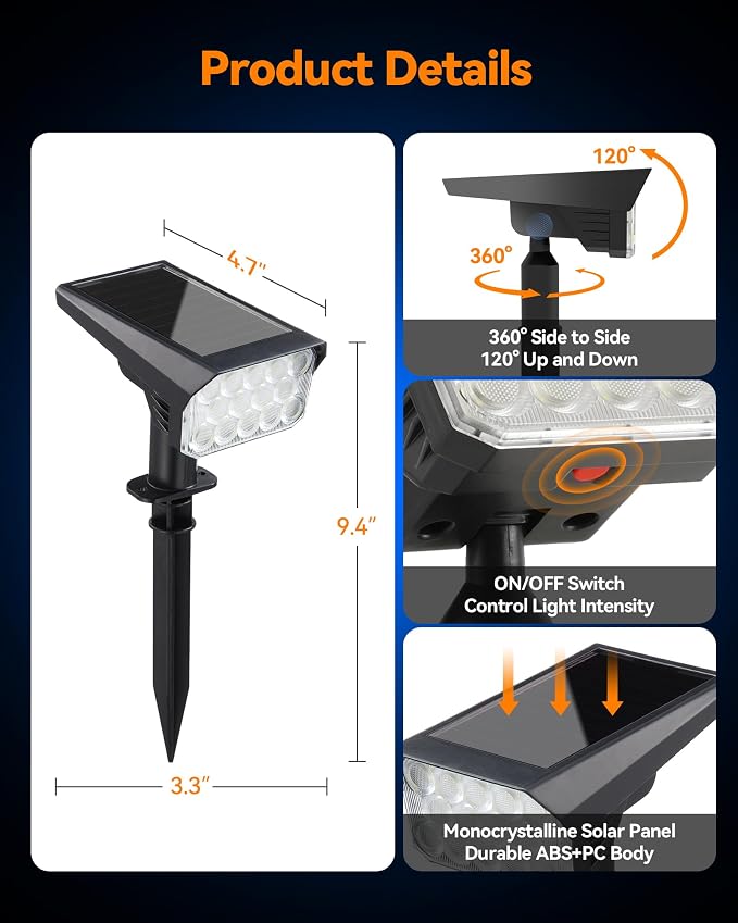 Solar Lights Outdoor Waterproof IP65, 56 LED 3 Lighting Modes Solar Spot Lights Outdoor, Solar Powered Landscape Lighting for Yard Pathway Garden, 6 Pack (Cool White)