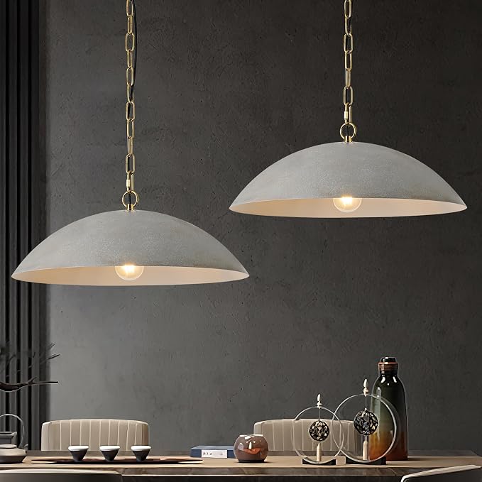 20" Modern Large Pendant Light, Cement Gray Farmhouse Pendant Lights Kitchen Island, Mid Century Modern Metal Pendant Lighting Fixture for Kitchen Living Room Dining Room Bedroom Café(2 Pack)