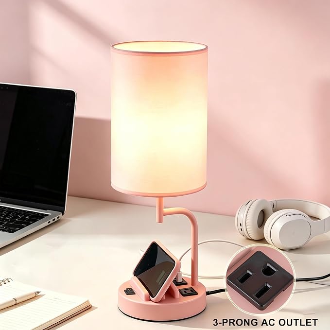 Dreamholder 2 Pack Table Lamp, Bedside Lamp with 3 USB Charging Ports & AC Outlet, USB Desk Lamp with 2 Phone Holders, Linen Fabric Shade Nightstand Lamps for Bedroom Living Room Office, Pink