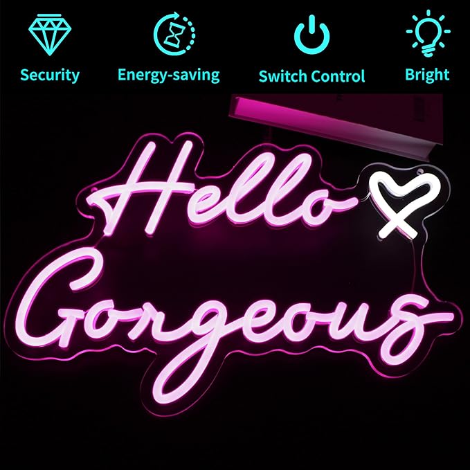 Hello Gorgeous Neon Sign, HSJNJKFU Neon Signs for Wall Decor Beer Bar Led Light Signs for Man Cave Decor Pink Led Neon for Room Birthday Party USB Powered