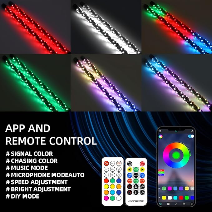 S7 2 Pack 3FT Whip Lights, LED Whip Light with App & Remote Control, Spiral RGB Chasing Lighted Antenna Whips,Whip Light for UTV ATV RZR SXS Can-Am Dune Buggy Offroad Truck (3ft)