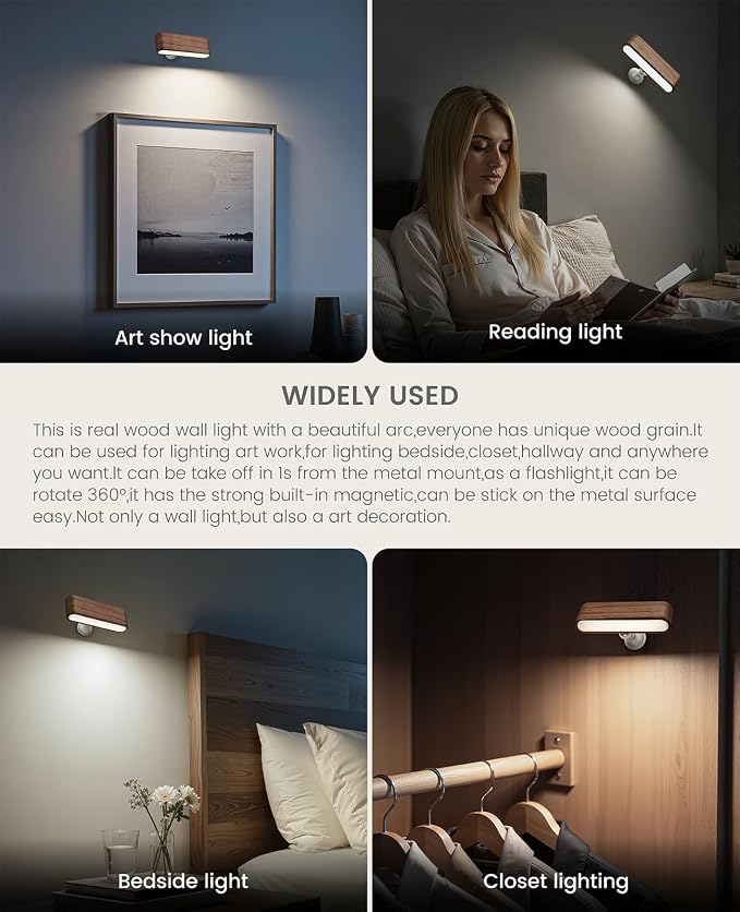 Rechargeable Wall Sconce, Reading Light for Bed, Magnetic Wood Lamp | Bedside Reading, 360° Rotation, Stepless Dimming, 4000K Natural Light, Magnetic Installation for Bedroom Wall Lamps