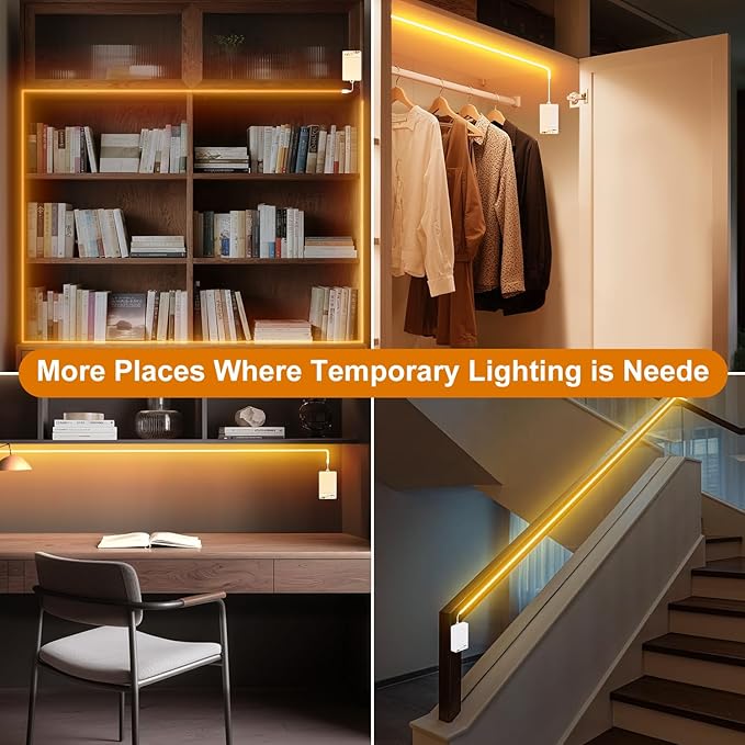 OMIKA COB Motion Sensor LED Strip Light, 6.56ft 640LEDs 2700K Warm White Closet Lights, Rechargeable Stair Strip Lights for Bed, Pantry, Shelves, Cabinet, Locker,2 Pack