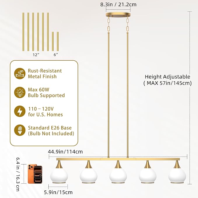 Kitchen Island Linear Pendant Light, 5-Light Gold Dining Room Chandelier with White Glass Globe Shades, Modern Linear Lighting Fixture Over Table