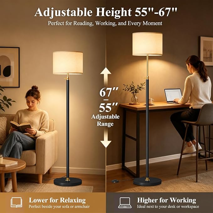 Floor Lamp Height Adjustable with Remote for Living Room and Bedroom Black | 55"- 67" Height Adjustable Black Standing Lamp with Dimmable 12W LED Bulb - Tall Stand Light with Shade for Corner Lighting