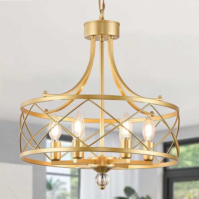 6-Light Chandelier,17.5in Gold Metal Farmhouse Lantern Pendant Light Fixture,Adjustable Hanging Ceiling Lamp,for Kitchen Island,Bedroom,Entryway,Dining Room