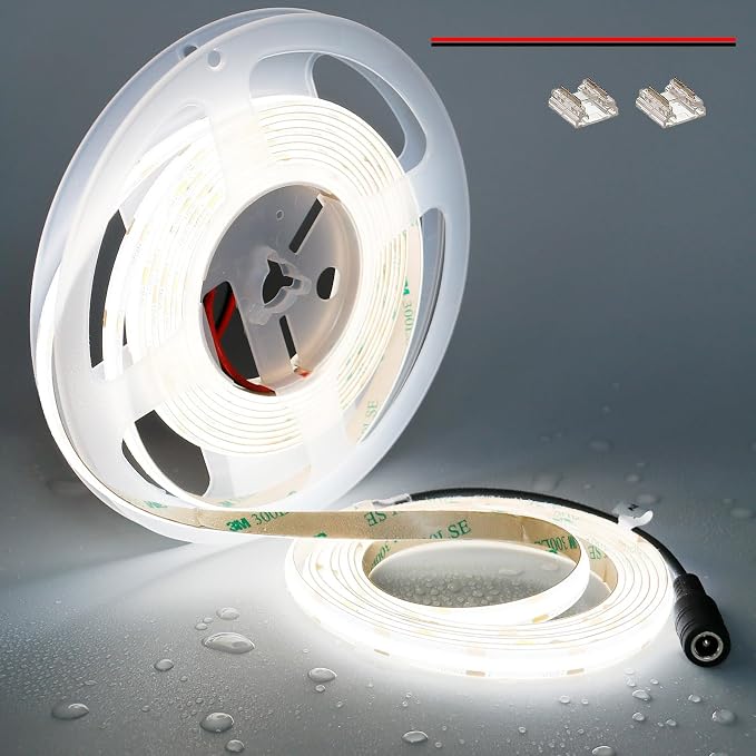 TOPAI 12V COB LED Strip Daylight White 5000K 16.4ft Dotless IP65 Waterproof | High Density 480LEDs/M, CRI>90 4000Lm, Cuttable, Flexible, Self Adhesive Easy Install for Bedroom, Cabinet