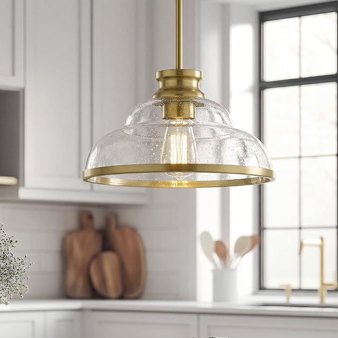 kudos 2-Pack 11" Gold Pendant Light with Seeded Glass Shade, KDPL14-GD-2PK | E26 Bulb Base, Hardwired, Farmhouse Styling, Adjustable Hanging Rods for Flat or Sloped Ceilings, for Kitchen Bars
