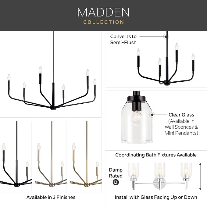 Kichler Madden 4-Light Bathroom Vanity Light, Black | Modern vanity light with clear glass for single or double bathroom mirrors (34" x 10.5"), 55186BK