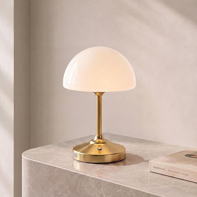 Table Lamp Cordless Lamp,5000mAh Rechargeble Battery Operated Lamp | Small Bedside Desk Lamp 11.02" with Glass Shade 3-Way Dimmable Portable LED Table Light,for Outdoor,Dinner,Patio(Gold)