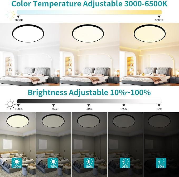 24'' Large Flush Mount Ceiling Light Fixture Dimmable with Remote Control | 56W 5600Lm, Ultra Thin, Modern, Round, Black Led Ceiling Lamp for Kitchen, Dining Room, Bedroom, Living Room, Home Office
