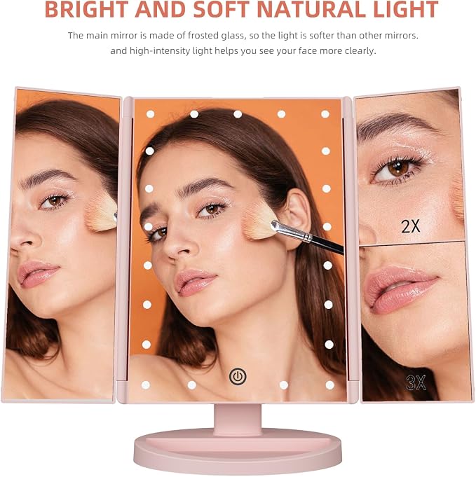 Infitrans Trifold Makeup Mirror Vanity Mirror with Lights,1X 2X 3X Magnification,Touch Control,Adjustable Rotation,Dual Power Supply,Portable Travel Cosmetic Mirror,Birthday Gifts for Women,Teengirls