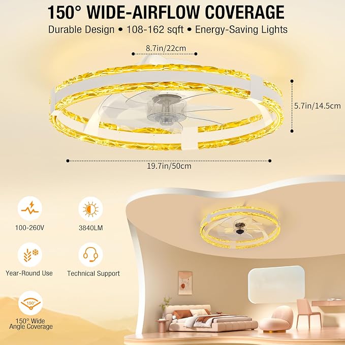 Ceiling Fans with Lights and Remote, 20'' Low Profile Flush Mount Ceiling Fan with 6 Speeds & 3 Color Temperature, 3000-6500K Dimmable Led Fandelier for Bedroom Livingroom, White