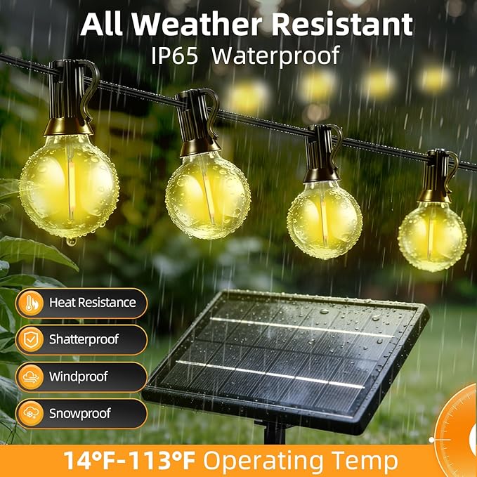 100FT Solar Lights Outdoor Waterproof: G40 30M Shatterproof Bulbs Patio Lights - Solar Powered Remote Control 3 Light Modes Dimmable Solar Light - Camping Backyard Garden Deck Outside Yard