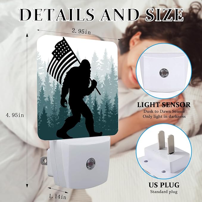 Bigfoot American Flag Night Light, Plug-into Wall Green Misty Forest Nightlight Lamp with Dusk to Dawn Sensor, Led Lamp 0.5W Energy Efficient for Boys Girls Adults Home Decor