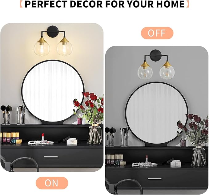 Black and Gold Bathroom Vanity Light 2-Light Vanity Lights 14" | Farmhouse Vanity Lighting Fixtures Over Mirror, Thickened Clear Glass Shade, UL E26 Dimmable Vanity Light Fixtures
