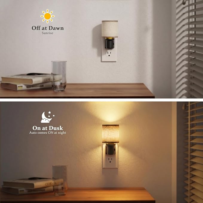 JandCase Night Lights Plug into Wall 2 Pack Linen Fabric Vintage Nightlight | 0-100LM Dimmable Farmhouse Decorative Nightlights with Dusk to Dawn Sensor, for Bedroom Living Room Hallway