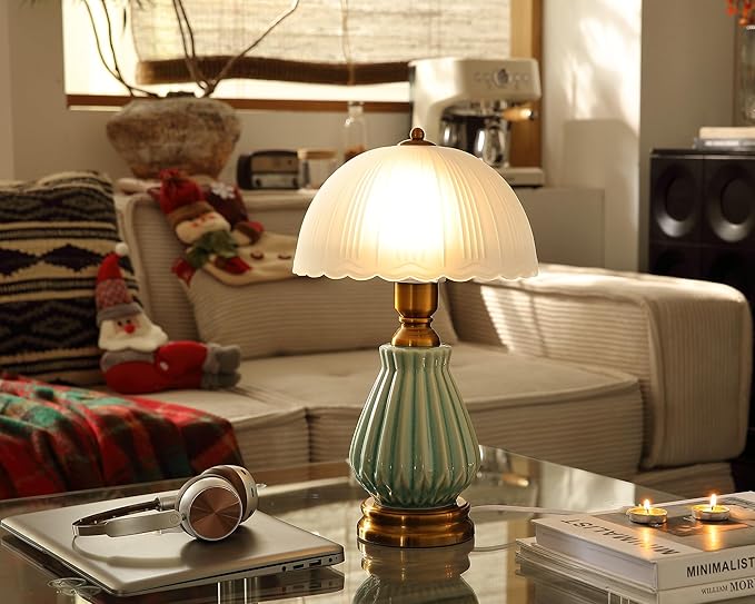 Glivpny 16" Vintage Ceramic Table Lamp forBedroom,Mushroom Lamps(LD004) | Mid Century Modern Ceramic Lamps for Living Room,Retro Bedside Glass Lamps, Classic Chinoiserie Green Lamp for Home Decor