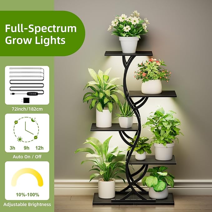 Plant Stand Indoor with Grow Lights - 5 Tiered Corner Plant Shelves (Black) | 44" Tall Metal Plant Shelf, S-Shape Lighted Flower Holder Dispaly Rack for Living Room, Home, Patio, Balcony