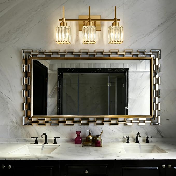 Torondo Modern Crystal Bathroom Vanity Light 3-Light Brushed Gold Bathroom Light Fixtures Over Mirror Brushed Gold Vanity Lighting Fixtures Square Shade Brass Wall Sconce (Bulbs Not Include)