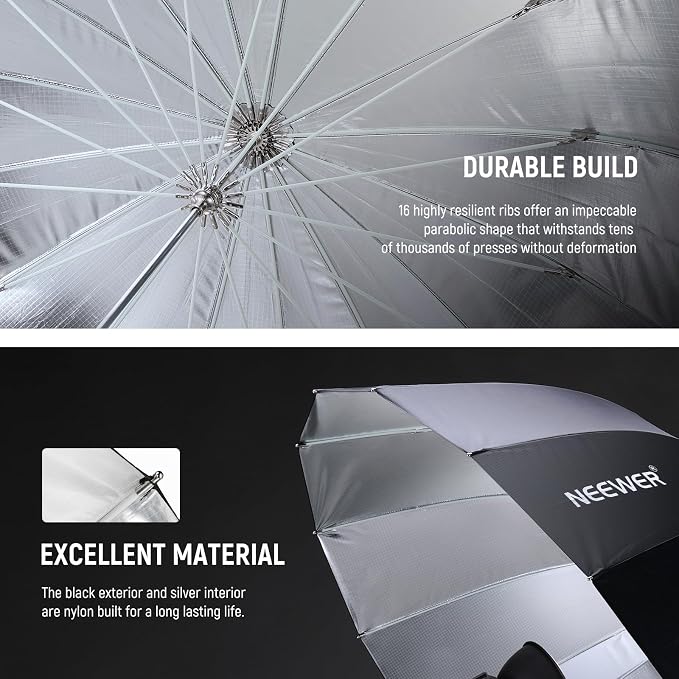 NEEWER 65"/165cm Parabolic Reflective Umbrella Photography with Silver Inner, Soft Lighting with Diffuser Cover, Bag, Quick Fold for Camera Photo Studio Video Light Shooting Monolight Flash, NS3U