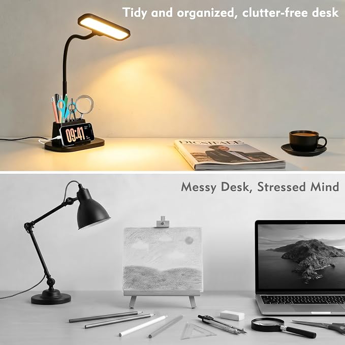 LED Desk Lamp for Dorm Small Desk Lamp with Pen Holder 5 Color Modes Black | Dimmable Touch Control, USB Charging Port, Eye-Caring Reading Light for Home Office Table Study College Room Students
