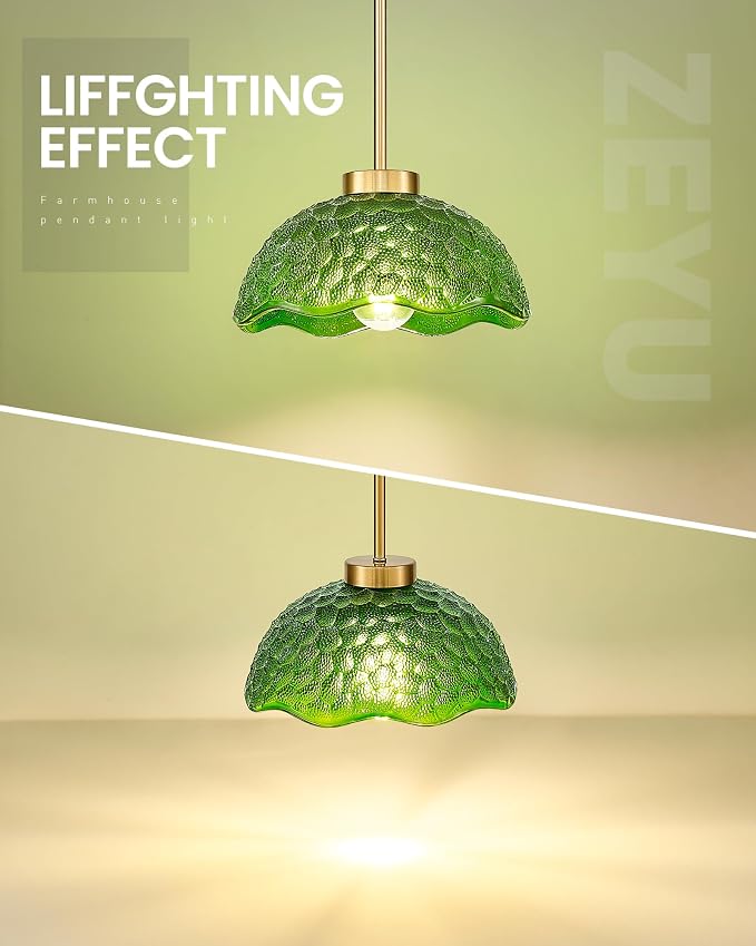 zeyu 10.4 Inch Green Glass Pendant Lightings, Brushed Gold 1 Light Island Light Fixtures, Hanging Lamps 2 Pack with Green Hammered Glass, ZJX116M1L-2PK BG G