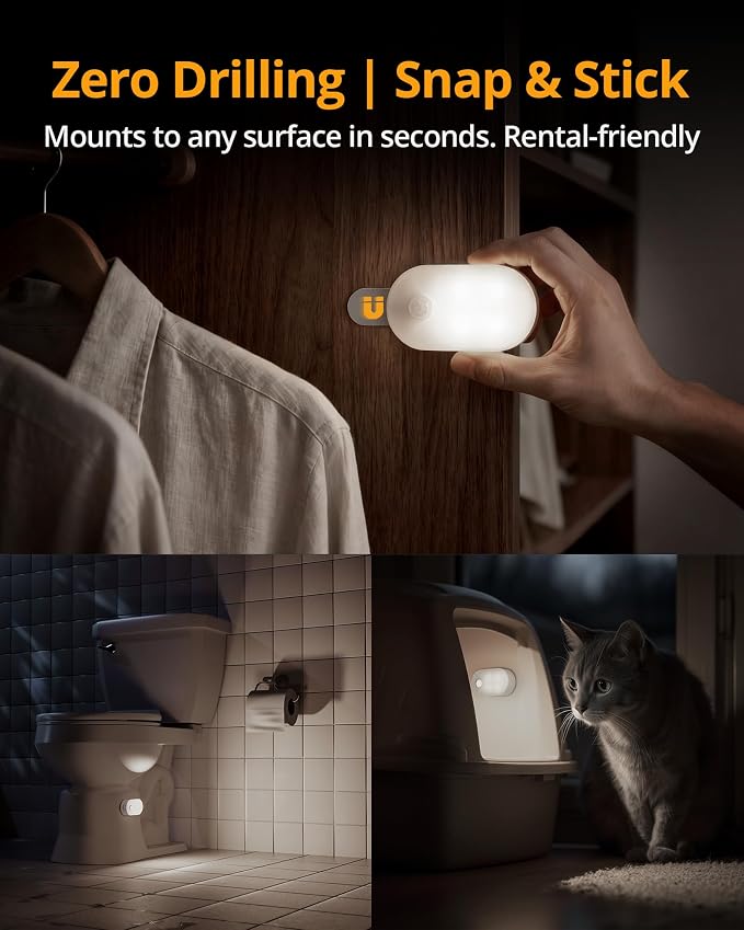 Rechargeable Battery Night Light with Motion Sensor, Portable, Auto-Off, Dimmable for Bathroom, Bedroom, Kitchen, Stairs, Hallway, Pets, Travel, 4-Pack, Cool White