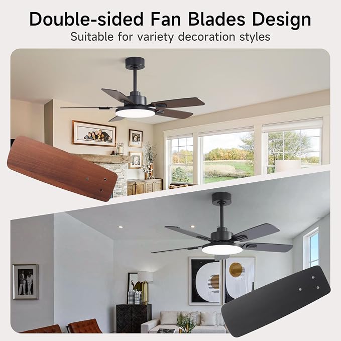 44 Inch Ceiling Fans with Lights and Remote for Bedroom Living Room Kitchen Office, Indoor/Outdoor Use, 5CCT Dimmable, Dual Color 5 Blades, 6 Speed Reversible Quiet DC Motor, Black/Wood Grain