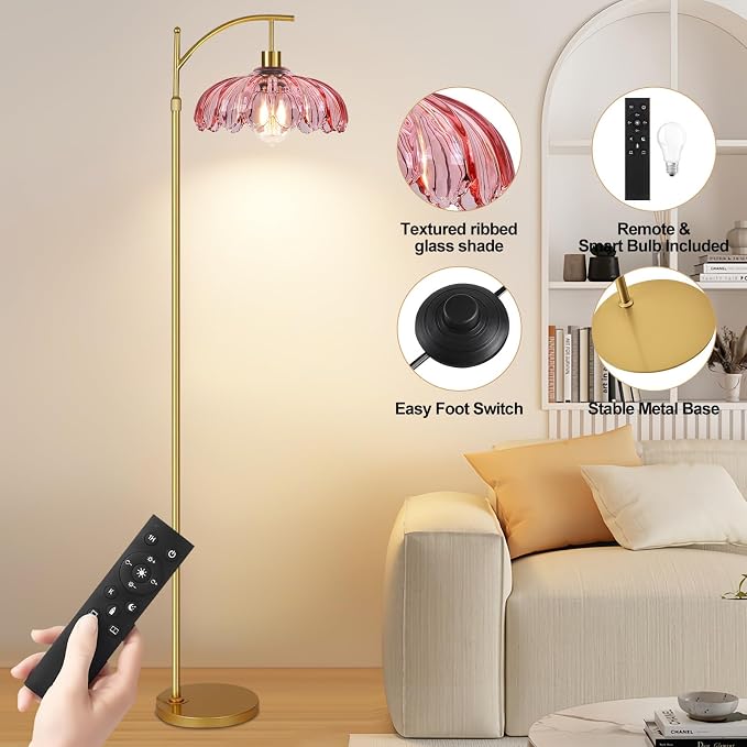 ILLMTW Floor Lamp for Living Room,Bedroom,Gold Dimmable Standing Lamp with Remote,Mid Century Modern Brass Tall Lamp Retro Vintage Pink Glass Lamp Floor Light Boho Bohemian