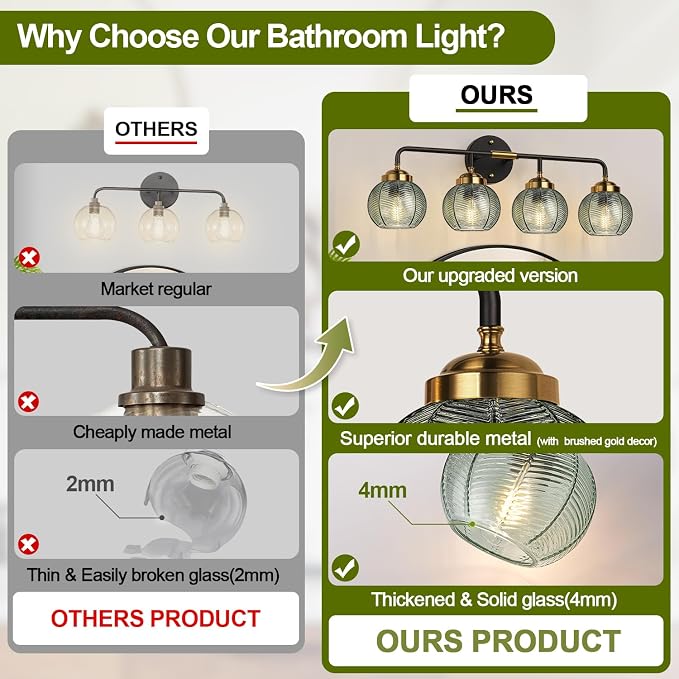 MOKATNG Bathroom Light Fixtures, 4-Light Green Vanity Lights with Unique Leaf Texture Glass Shade, Modern Matte Black and Gold Bathroom Wall Lamp for Mirror Hallway Cabinet Living Room